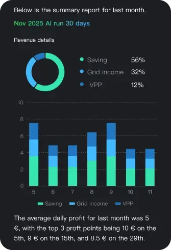 Monthly energy summary report with revenue charts